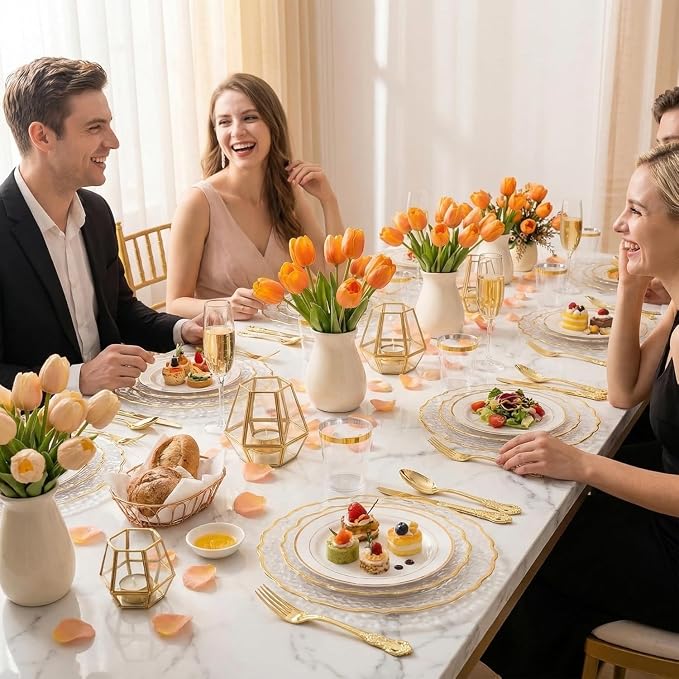 120PCS Gold Plastic Silverware, Vintage Disposable Utensils & Cutlery | 40 Fancy Forks, Spoons, Knives, Heavy Duty, BPA-Free, for Party, Weddings, Birthday & Holiday