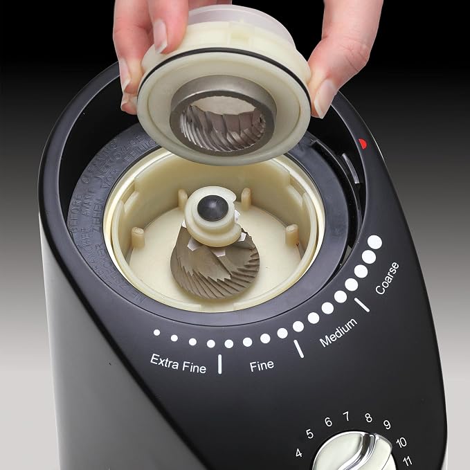Capresso Infinity Plus Conical Burr Grinder, Black | Commercial-grade steel burrs, 16 settings, low-speed gear motor