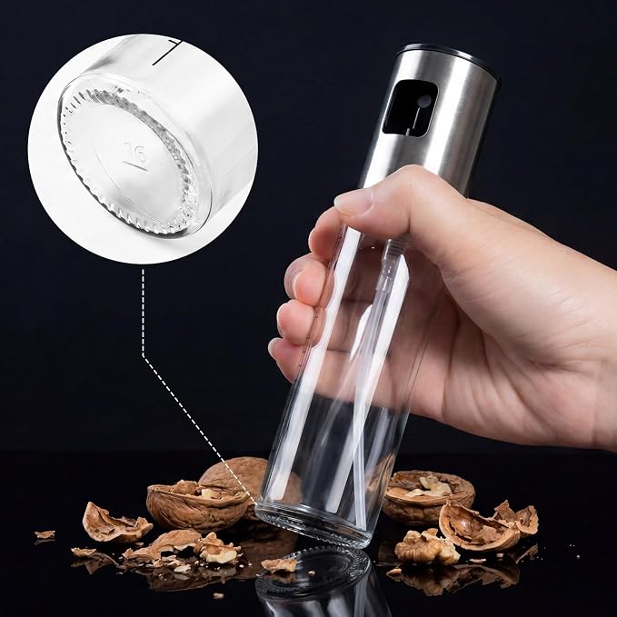 4 Pack 100ml Glass Olive Oil Sprayer with Scale & 4 Label Stickers, Refillable Fine Mist Oil Dispenser for Air Fryer, Salad, Baking, Grilling, Frying
