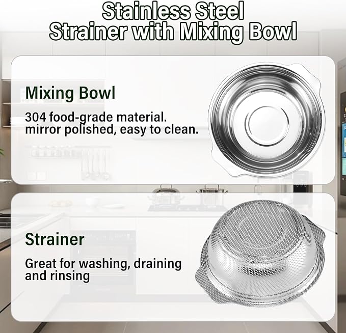 Stainless Steel Colander, 4.5QT Large Capacity with Mixing Bowl, Rice Washing Bowl with Strainer for Washing Vegetables, Fruit, Spaghetti, Pasta Strainer, Dishwasher Safe(2PC)