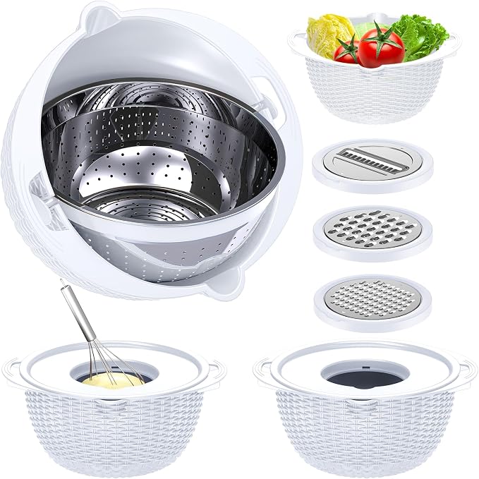 4-1 Strainer with Bowl Set - Rotatable Colander for Kitchen(Patented) - Strainers and Colanders - Pasta Strainer with New Upgraded Graters for Fruit Veggie Fun Kitchen Presents - White