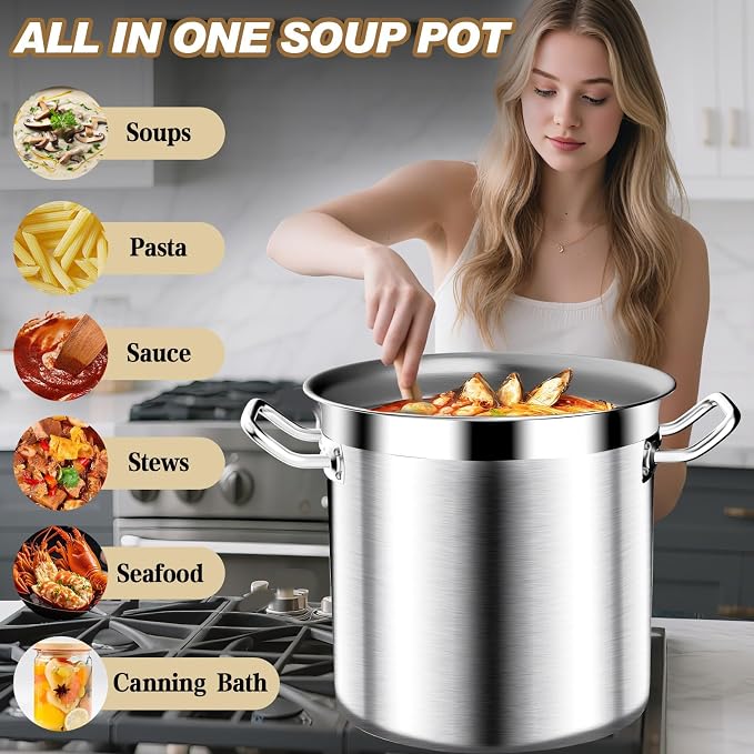 Large Stock Pot - Stainless Steel Stockpot with Lid - Heavy Duty Tri-Ply Bottom Commercial Grade Soup Pot for Cooking Soup, Stew, Canning, Oven, Gas, Ceramic, Dishwasher Safe
