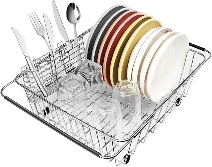 Sink Dish Drainer Rack, Expandable 304 Stainless Steel Drying Rack | Large Capacity Sink Dish Rack with Utensil Holder, Adjustable 15.35"-20.47", Fits Inside Sink, Holds Up to 13 Utensils