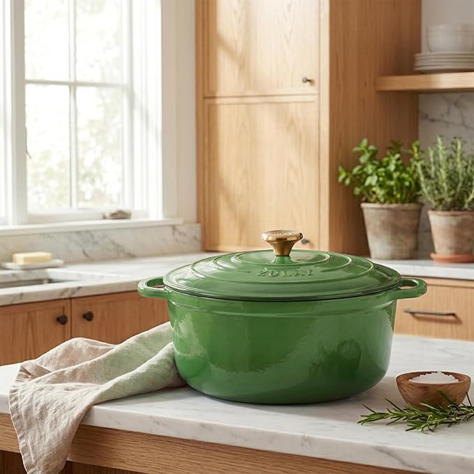 Zulay Kitchen 7.7 Quart Enameled Cast Iron Dutch Oven Pot with Lid – Premium Durability & Oven Safe up to 500°F – Heavy Duty Cookware Perfect for Bread Baking, Stews, Braising & Roasting – Green
