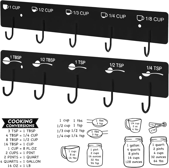 Premium Measuring Cups and Spoons Hanging Rack with stick | Measuring Cup Organizer Rack Suitable for Kitchen Hanging Including Screw and Adhesive Mounting (Stickers+Measuring)