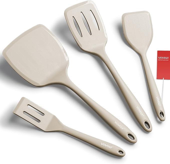 Silicone Spatula Set, 600°F Heat Resistant Silicone Spatula Turner Flipper for Cooking, Non Stick and Non Scratch Kitchen Utensils for Eggs & Pancakes, 4 Pack,Khaki
