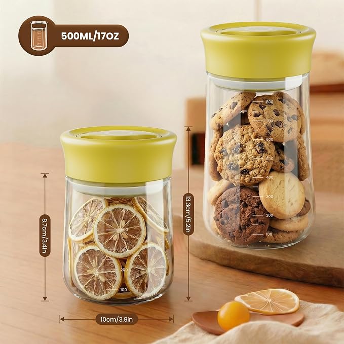 Airtight Glass Storage Jar 16 oz, Easy Open 1/4-Turn Lid Coffee Container | Easy-Open Quarter-Turn Lid, Airtight, Food Grade, Transparency, with Scale