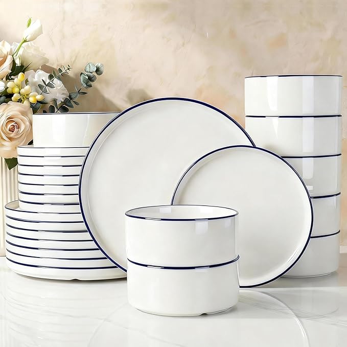 Famiware Porcelain 24-Piece Dinnerware Set, White with Blue Trim | Plates and Bowls for 8, Dishwasher & Microwave Safe, Chip & Scratch Resistant, Ideal for Everyday & Formal Use