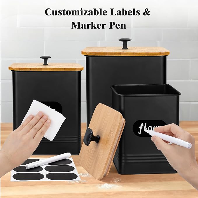 Kitchen Canisters Set of 3, Metal Flour Sugar Storage Containers with Airtight Lids-Canisters Sets for Kitchen with Customizable Chalkboard Labels & Marker Pen-Spice, Coffee Storage Jars(Black)