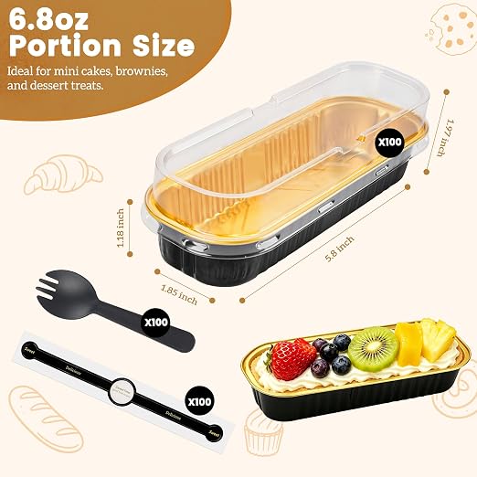 NPLUX Loaf Pans with Lids, 100 Pack Black Gold 6.8oz for Bakery Gifts | Use for tasting samples, dessert bars, fruit cups and brownies; clear top helps buyers see the finished look.