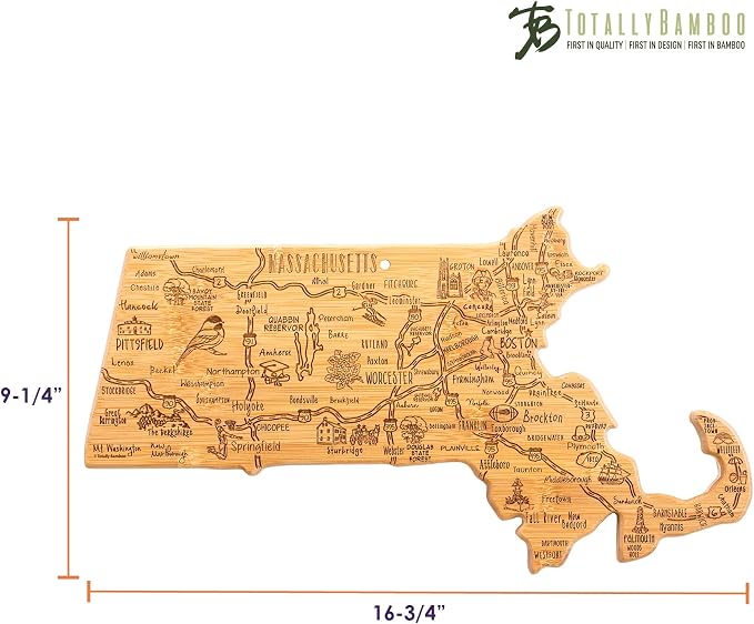 Totally Bamboo Destination Massachusetts State Shaped Cutting Board | State charcuterie serving board with engraved map artwork. Smooth reverse side for food prep. Hang tie for wall display.