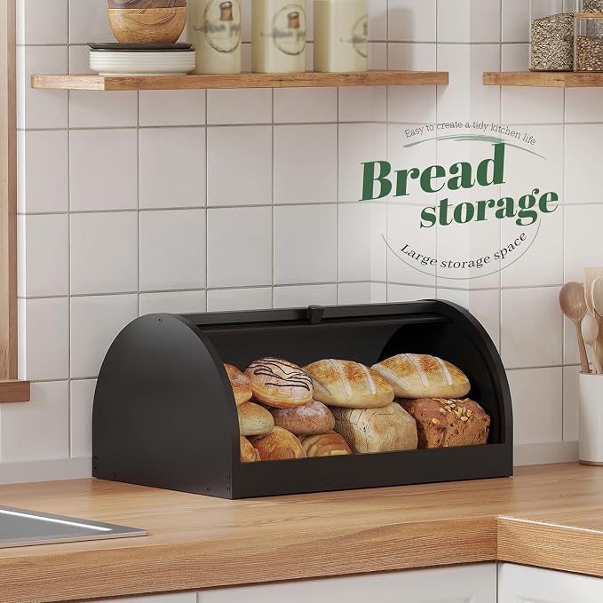STDDRE Corner Bread Box for Kitchen Countertop Roll Top Bread Box Kitchen Food Storage Box for Homemade Bread Bread Holder for Kitchen Counter Pantry Shelf (Black)