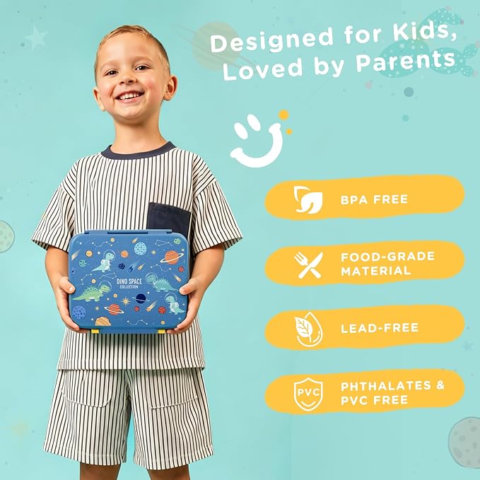 Kids Lunch Bento Box with 8oz Thermo/Ice Pack, BPA-Free, for School | Leak-proof Food Containers with 5 Compartment, Insulated Food Jar, Dishwasher Safe, Easy to Clean, Lunch Box for Girls Boys