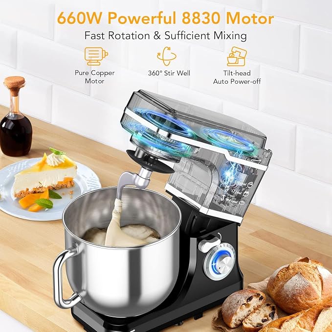 GarveeHome 7.5QT Stand Mixer, 10-Speed Tilt-Head Electric Food Mixer with Stainless Steel Bowl, 660W Motor, Dough Hook, Whisk & Beater, Compact Design for Home Baking,Black