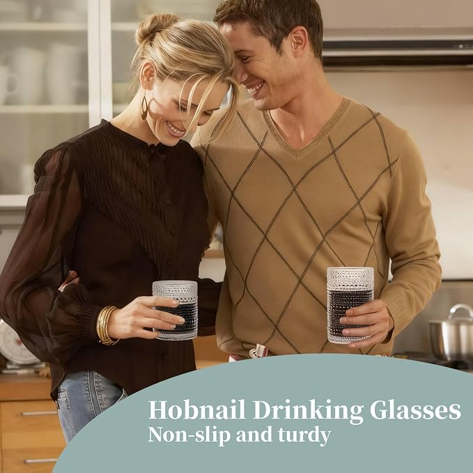 Vintage Hobnail Drinking Glasses Set of 8, 15 oz Highball Glasses & 12 oz Cocktail Glasses, Drinkware Kitchen Glasses for Cocktail, Iced Coffee, Beer, Ice Tea, Wine, Whiskey, Water