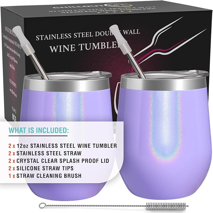 CHILLOUT LIFE 12 oz Stainless Steel Wine Tumblers 2 Pack - Double Wall Vacuum Insulated Wine Glasses Cups with Lids and Straws Set Keeping Cold & Hot for Coffee, Beer, Ice Cream - Purple Sparkle