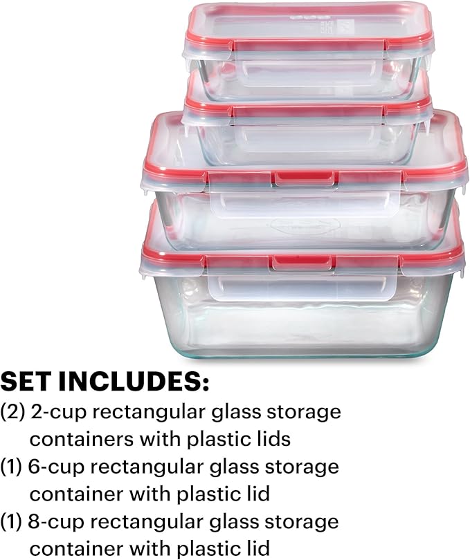 Pyrex Freshlock (4-Pack) Mixed Sized Glass Food Storage Containers Set | Meal prep containers with airtight locking lids, meal prep, dishwasher & microwave safe