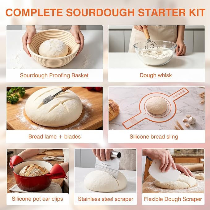 Enameled Cast Iron Dutch Oven Pot with Lid 5.5QT, Sourdough Bread Baking Supplies with Banneton Bread Proofing Basket Set & Starter Jar, Unique Dutch Oven for Bread Baking (Gradient Red)