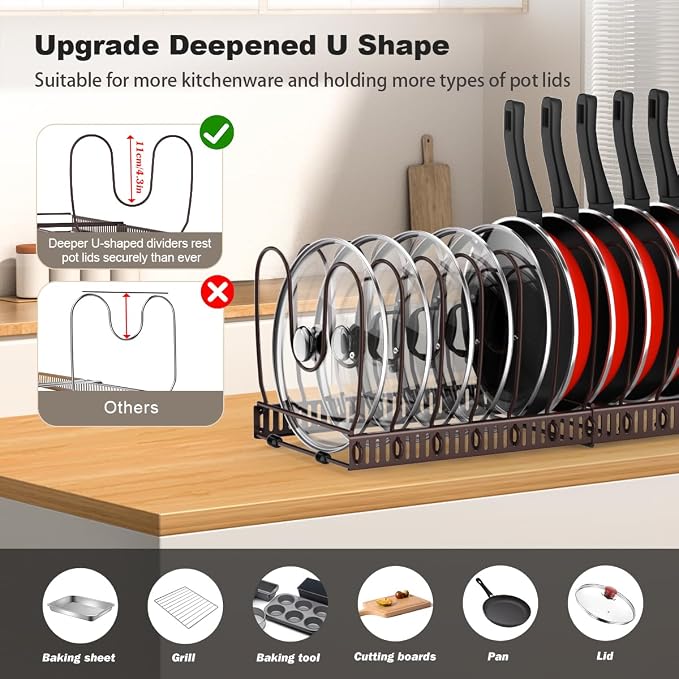 Housolution Pot and Pan Lid Organizer Holder Storage Rack, Bronze | 12"-23" Expandable, 14 Adjustable Dividers, Sturdy Metal Construction, Easy Assembly