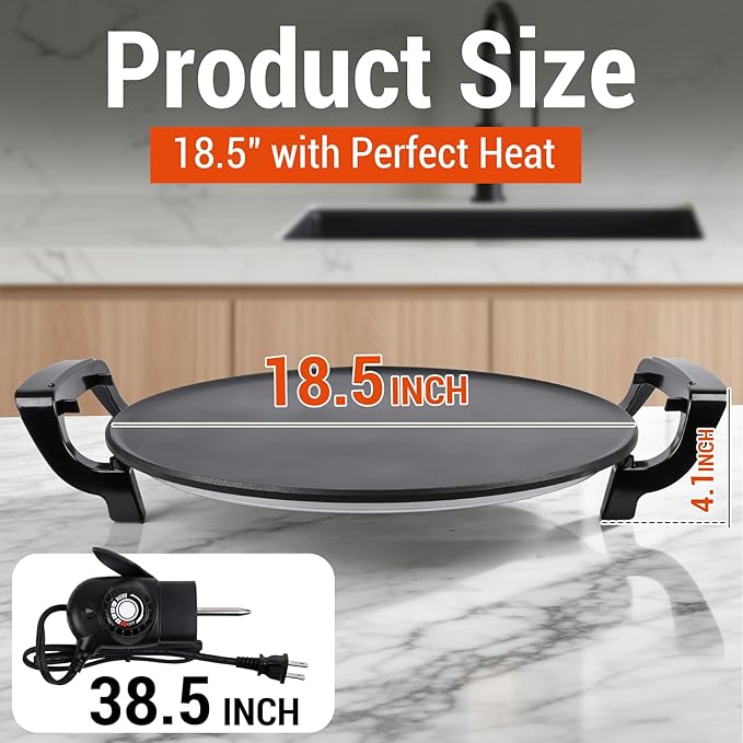 18.5” Electric Injera Maker, Mitad for Ethiopian Injera, Pancake Teff Maker, Electric Griddle with Lid, Non-Stick Surface, Easy to Clean, Adjustable Mechanical Knob Control, Even Heating