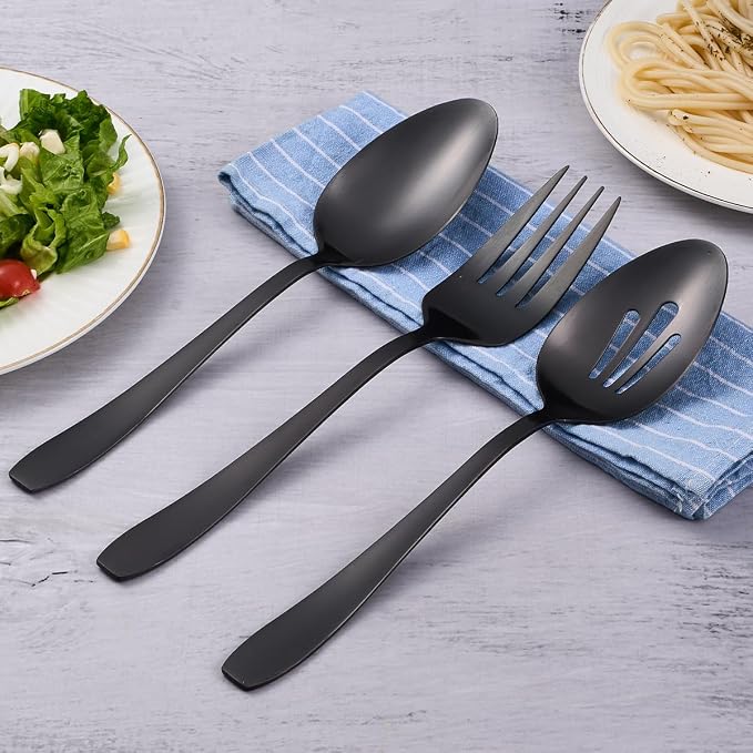 6 Pieces Large Matte Black Serving Set, Stainless Steel | 10.6-in, serving spoons + slotted spoons + serving forks, Catering Buffet Serving Set Hostess Set, for party/banquet/cooking