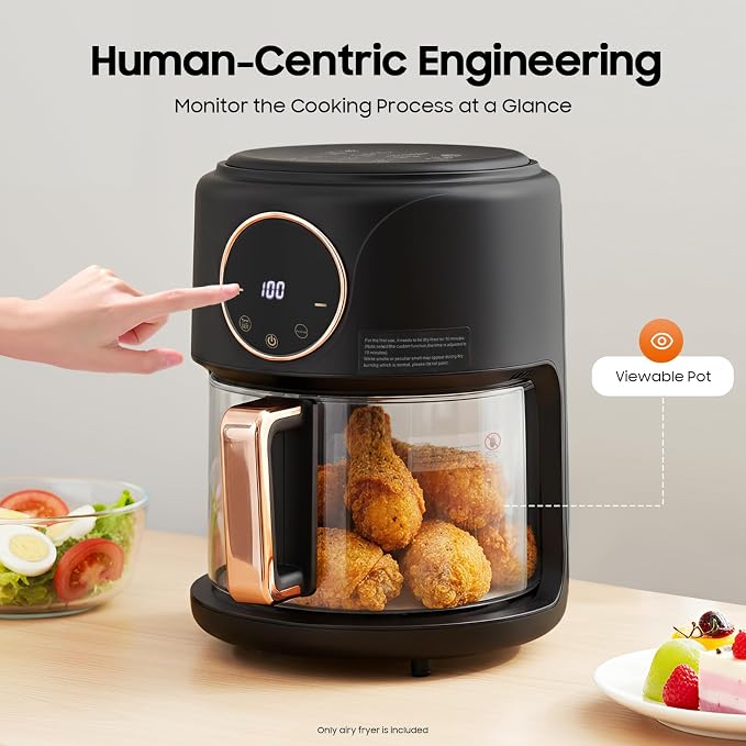 8-in-1 Glass Air Fryer, 4.5Qt Capacity Non Toxic Air Fryer, 360° Viewable Bowl, Touchscreen Display, Precise Temperature(175°F - 400°F), 1200W Oil Cooking Dishwasher Safe Glass Pot - Black