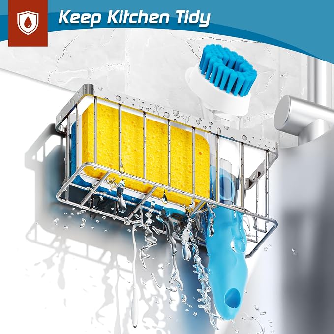MURLONG Sponge Holder for Kitchen Sink,Sink Caddy Organizer with Suction Cups/Adhesive Strips,Dish Sponge Holder Design for Sponges,Scrubber,Stoppers-Silver