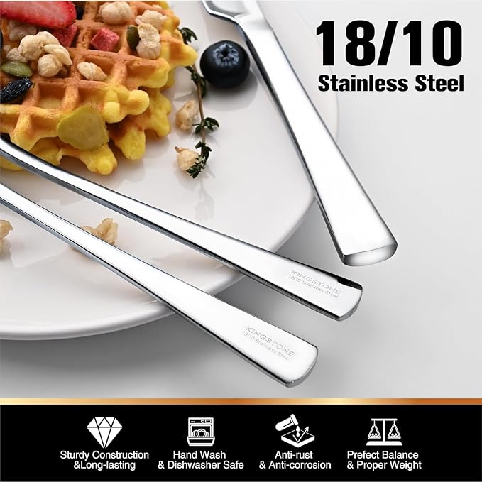18/10 Flatware set for 12, 60 Piece Stainless Steel Silverware Cutlery Set | KINGSTONE Forged Cutlery Set, Mirror Polished Knives Fork and Spoon Utensils, Dishwaher Safe for Restaurant, Wedding, Party