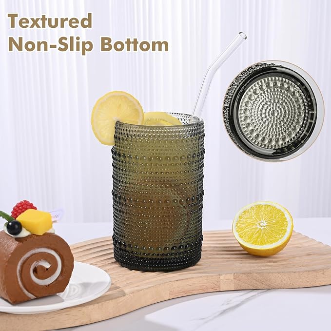 ZMOWIPDL 12oz & 15oz Hobnail Drinking Glasses,Grey Glass Cups Set of 8 | Vintage Highball Glassware，Kitchen Drinkware，Embossed Water Tumbler,for Beer,Cocktail,Whiskey,Juice,Various Mixed Drinks