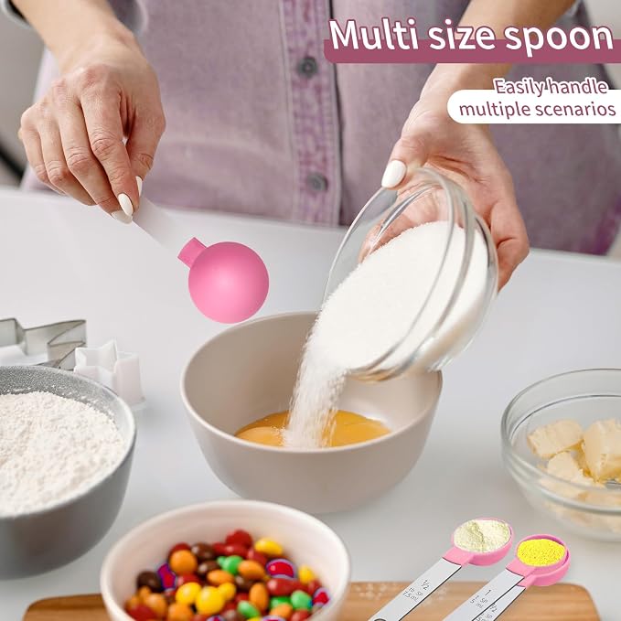 Measuring Cups Set Measuring Spoons Set, Nesting Measure Cups with Stainless Steel Handle, For Measuring Dry and Liquid Ingredients Small Teaspoon with Plastic Head (Pink)