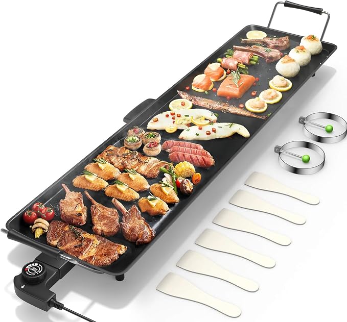 35'' Electric Griddle Teppanyaki Grill, Nonstick Extra Large Cooking Plate for Pancake Barbecue, Indoor Outdoor Table Top Grill with Adjustable Temperature & Drip Tray, 2000W