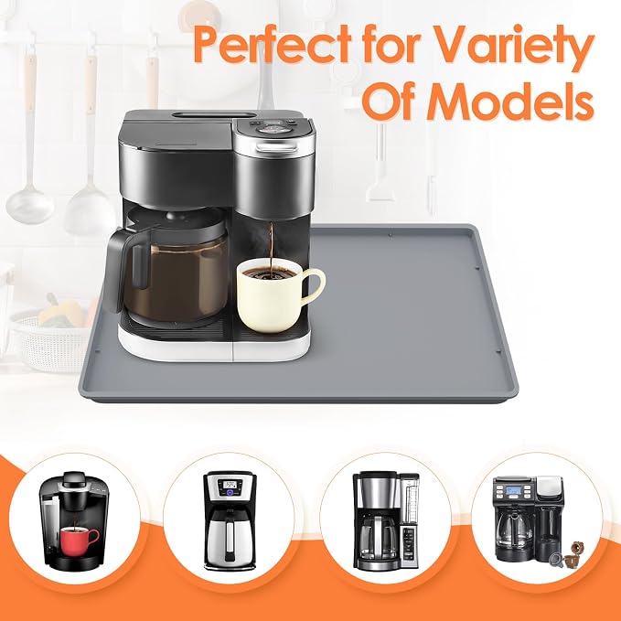 Silicone Coffee Maker Mat with Lip for Countertops, 19.7'' x 15'', Grey | Multi leak-proof coffee tray for countertop, non-slip silicone tray for under coffee machine espresso accessory, wipe-clean