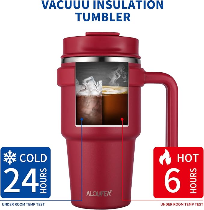 20 oz Insulated Travel Coffee Mug Tumbler with Handle and Straw | Leakproof Stainless Steel Coffee Cup with Lid, Double Wall Vacuum Ice Thermal Cup, Red