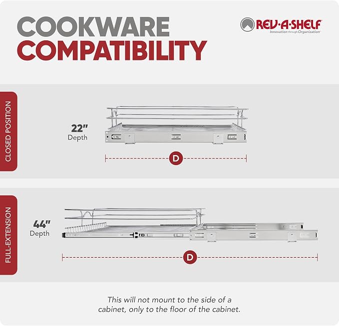 Rev-A-Shelf Steel Wire Pullout Drawer Organizer Shelf for Kitchen Cabinets, Slide Out Storage Basket, Min Opening Width of 20.5", 21" x 22", 5WB1-2122CR-1