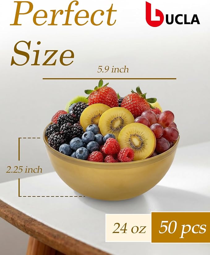 bUCLA 50 Pack Gold Plastic Serving Bowls - 24oz Disposable Bowls for Salad, Cereal, Dessert, Fruit, Chip & Soup - Ideal for Wedding & Party