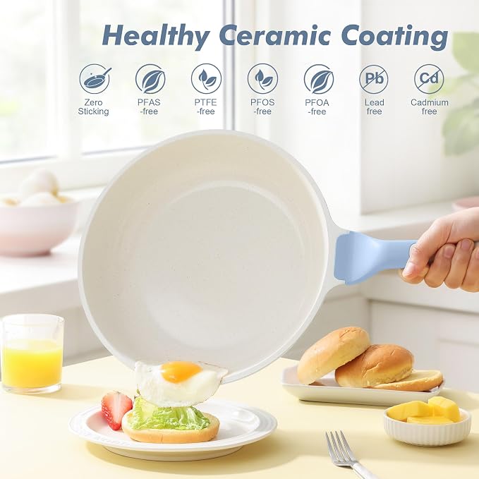 SENSARTE 11Inch Nonstick Ceramic Frying Pan with Lid, PFAS/PTFE Free, Blue | Ceramic Omelette Pan Skillet, Healthy Non-toxic Chef's Pan, Induction Compatible Pan, Heat Resistant Handle