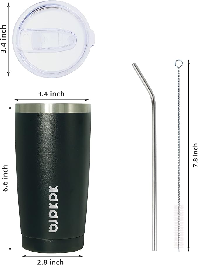 BJPKPK 20 oz Coffee Tumbler with Lid & Straw, Insulated Stainless Steel Mug | Double Wall Vacuum, Keeps Hot/Cold, BPA Free, Leak Proof, Iced Coffee Cup Fit Car Holder, Travel & Beach, Black