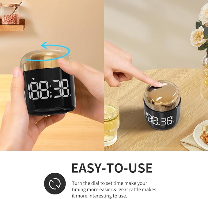 Kitchen Timer, 360 Rotate, Countup/Countdown, LED, Volume | Memory Function Back to School （Gold）