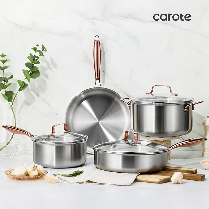 CAROTE 7-Piece Tri-Ply Stainless Steel Frying Pan Set, Skillet Set 8"/10"/12", Induction Compatible, Oven & Dishwasher Safe, Gold Handle