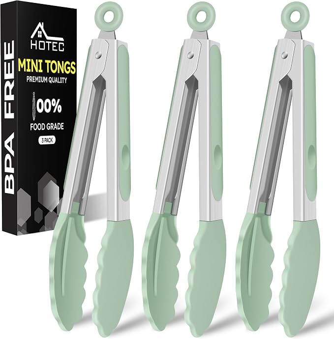 Hotec Mini Silicone Kitchen Tongs for Cooking - 7-Inch Small Serving Tongs with Silicone Tips, Set of 3 (Light Green)