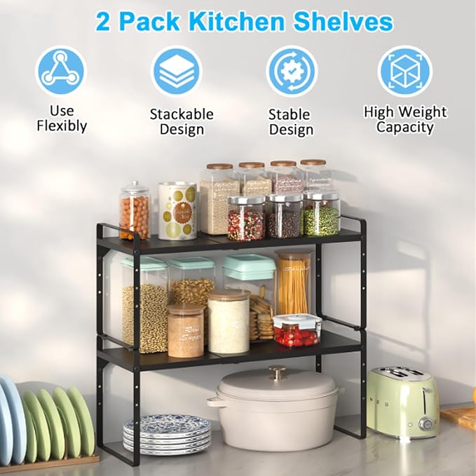 15.5 to 25.5 Inch Expandable Kitchen Cabinet Organizer Shelf, 2 Pack 30 LBS Heavy Duty Adjustable Kitchen Counter Storage Shelves Organizers,Stackable Small Storage Shelf Rack For Cabinet Cupboard