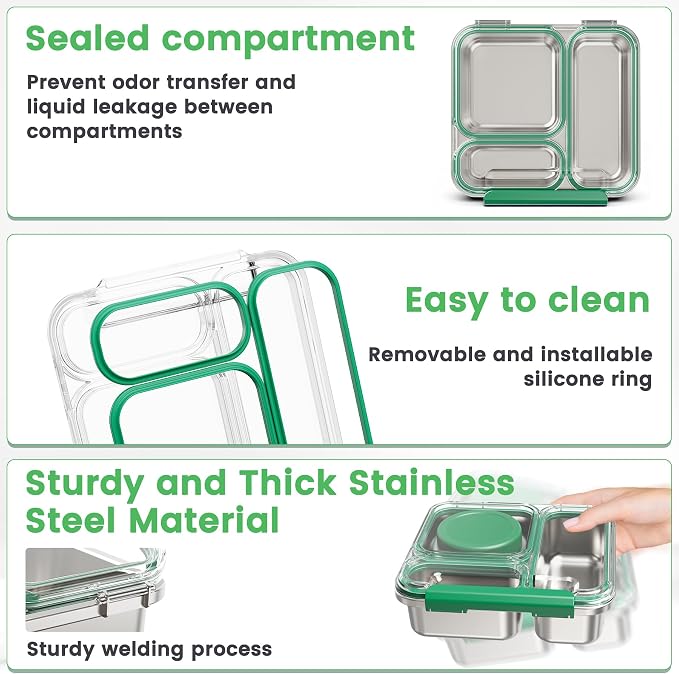 Stainless Steel Bento Box Kids Adult with 7oz Soup Thermo, Transparent Lid 3 Compartments Metal Bento Lunch Box with Insulated Food Jar,Lunch Box Container Sauce Cup for School,BPA-Free (Green)