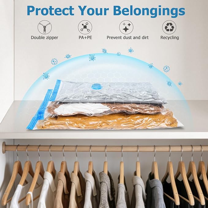 15 Vacuum Seal Bags for Clothing Travel with Rechargeable Air Pump | 4 Size Space Saver Vacuum Storage Bags, 1500mAh Type-C Pump, 6000Pa Saves 80% Space, PA+PE Tearproof Zipper