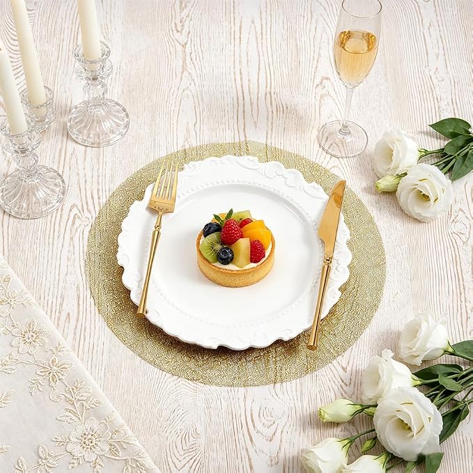 120PCS Disposable Gold Placemats Set, 13 in Black Gold Foil Table Mat Bulk | Metallic Mesh Pressed Round Charger Doilies for Table, Paper Placemats for Wedding Birthday Dining Party Home Decor