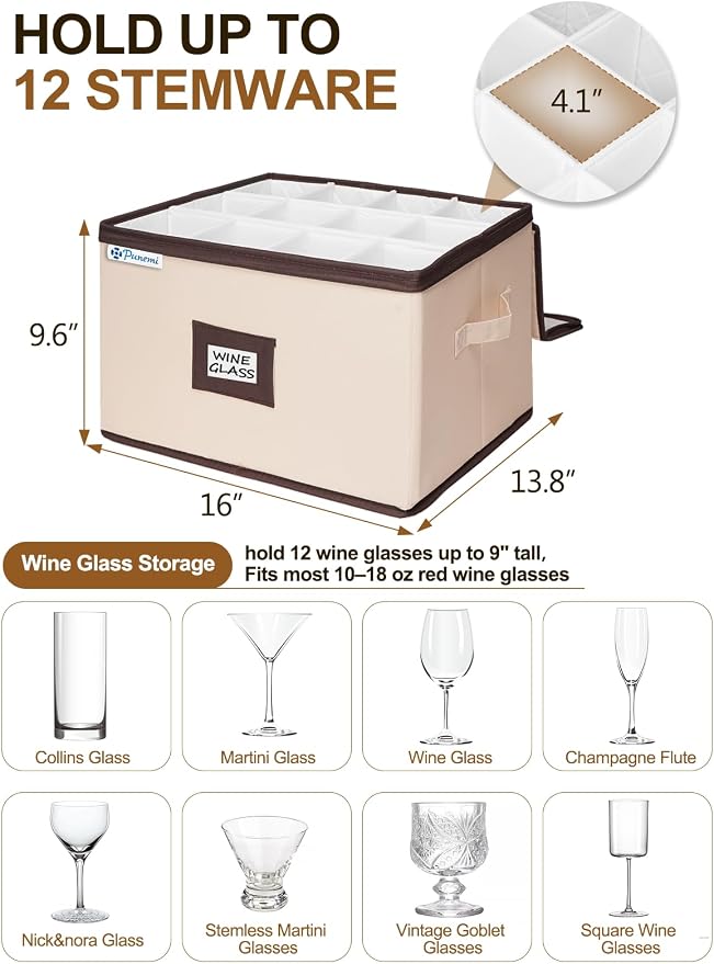 punemi 6-Piece Hard Shell China Storage Containers with Dividers, Stackable Dinnerware Storage Boxes for Plates, Mugs & Cup Organizer, Wine Glass Storage Boxes, Moving Boxes for Stemware, Beige