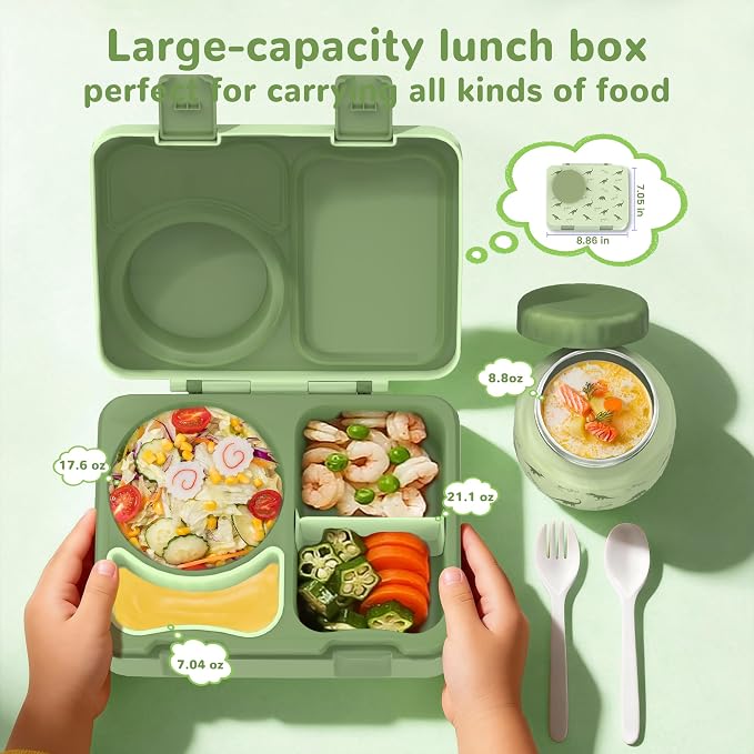 Bento Lunch Box for Kids Adult, Leakproof 3-4 Compartment Bento Box Set with Insulated Food Jar,Water Bottle, Lunch Bag, School Lunch Container for Toddler Teen Girls Boys Ages 3+(Dinosaur)