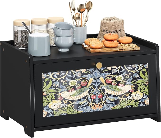Trironsun Bread Box for Kitchen Counter Black Bread Storage Container with Acrylic Door William Morris Flower Bird Design Farmhouse Breadbox Organizer (Black)