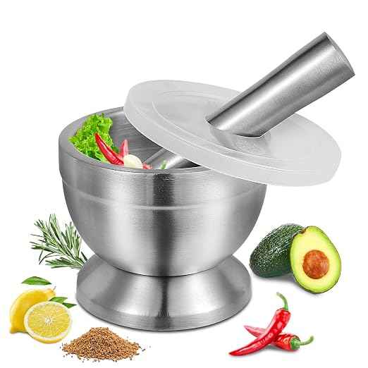 Mortar and Pestle Set, 18/8 Stainless Steel | Non-Slip Base, Food-Grade Stainless Steel Spice Grinder for Grind Spices, Herbs, Pills & Make Pesto – Easy to Clean