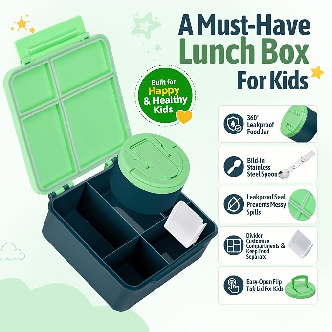 Bento Lunch Box Set for Kids with 8 oz Soup Thermo, Leakproof Hot Food Container with 4 Compartments, Insulated Food Jar for Toddler Daycare Boys Girls School - Green