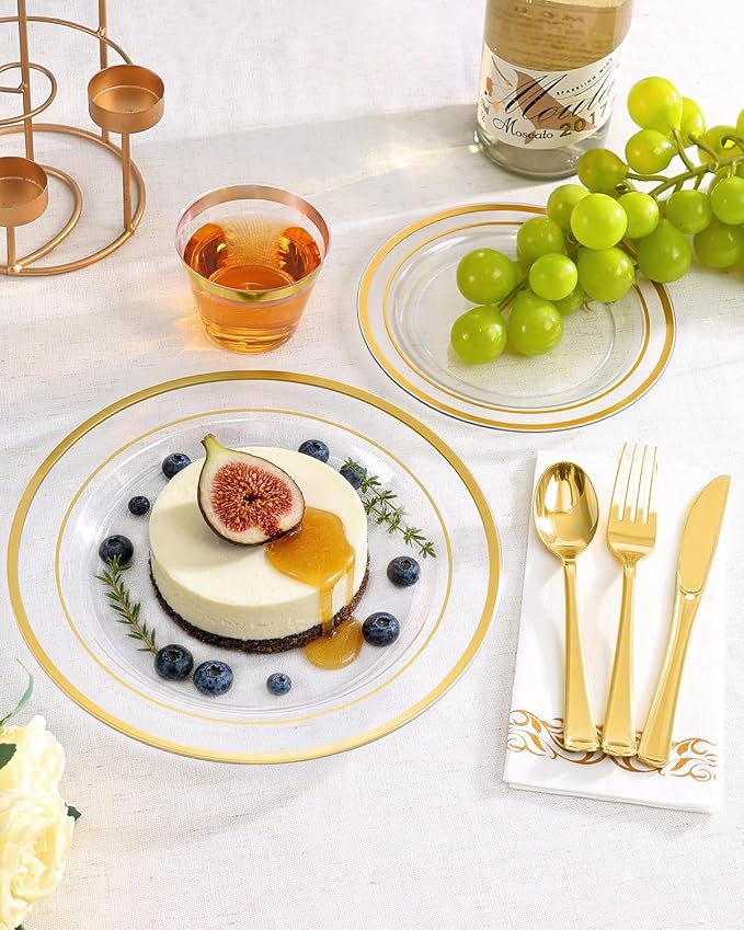 350 Pieces Clear Gold Disposable Dinnerware Set for 50 Guests | Heavy Duty Plastic Plates Include: 100 Gold Rim Dinner Plates, 50 Paper Napkins, 50 Cups, 50 Plastic Silverware Set